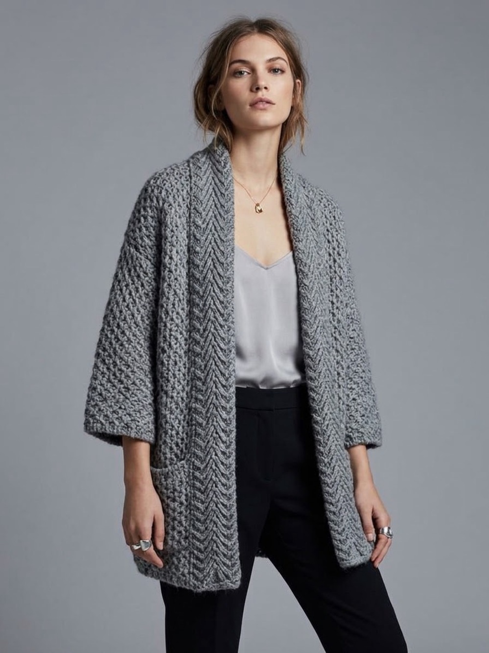 🩶 ZARA KNIT Medium Grey Italian Yarn Alpaca Wool Chunky Open Front Cardigan